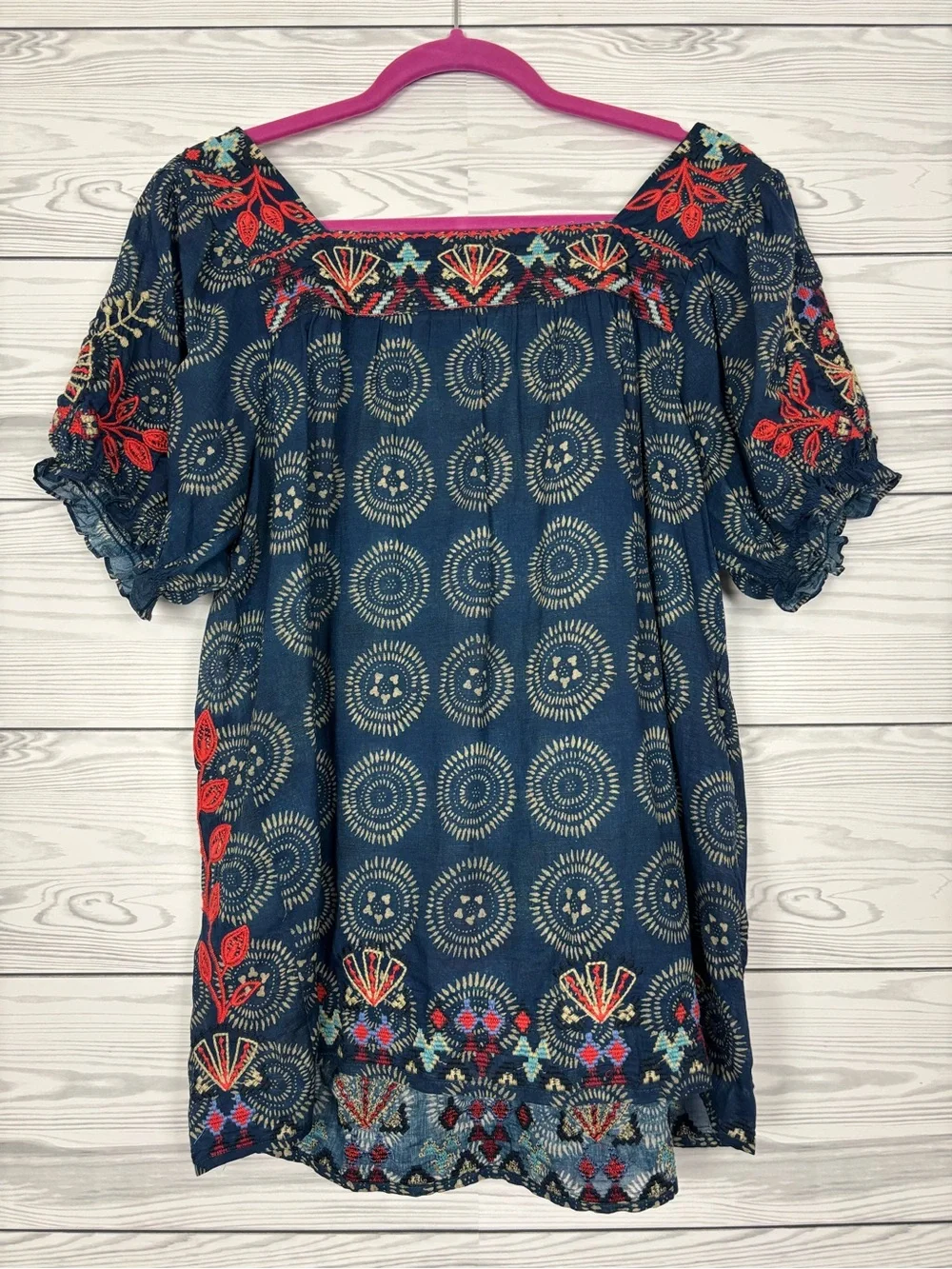 Johnny Was Workshop Mareen puff sleeve embroidered peasant blouse top medium